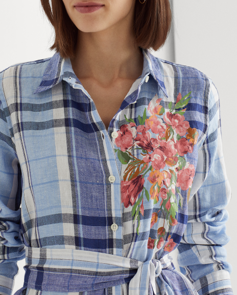 Ralph Lauren 花卉图案与格纹亚麻连衣裙