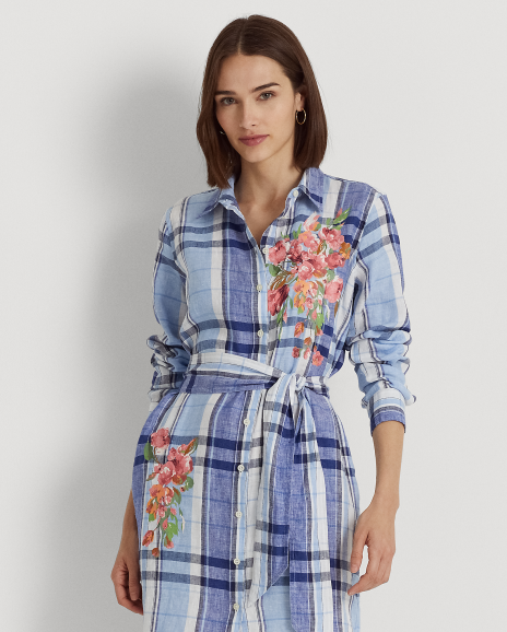 Ralph Lauren 花卉图案与格纹亚麻连衣裙