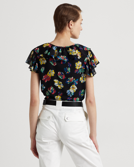 Ralph Lauren 花卉图案褶边乔其纱女式衬衫
