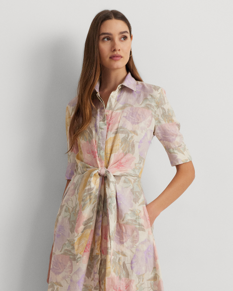 Ralph Lauren 花卉图案正面系结亚麻连衣裙