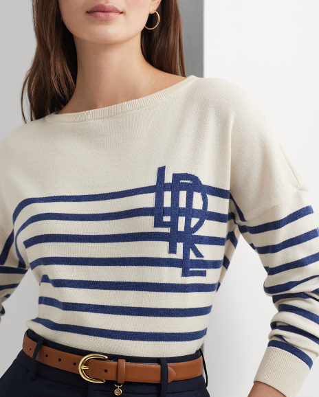 Ralph Lauren 宽松版徽标条纹棉船领针织衫