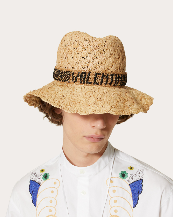 borsalino x valentino 刺绣缎带拉菲针织帽子