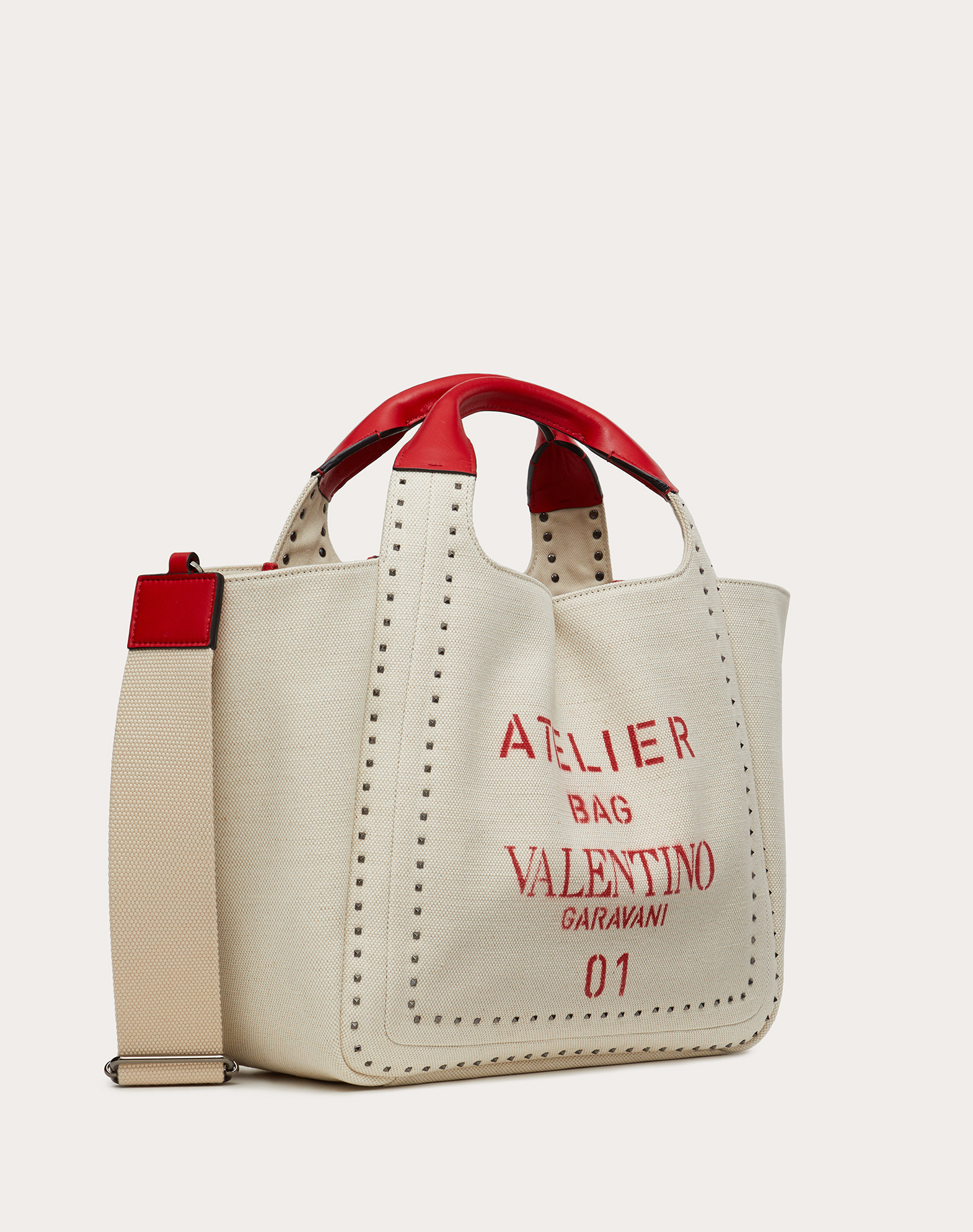 Valentino华伦天奴女士米色/红色Atelier Bag 01 Metal Stitch Edition