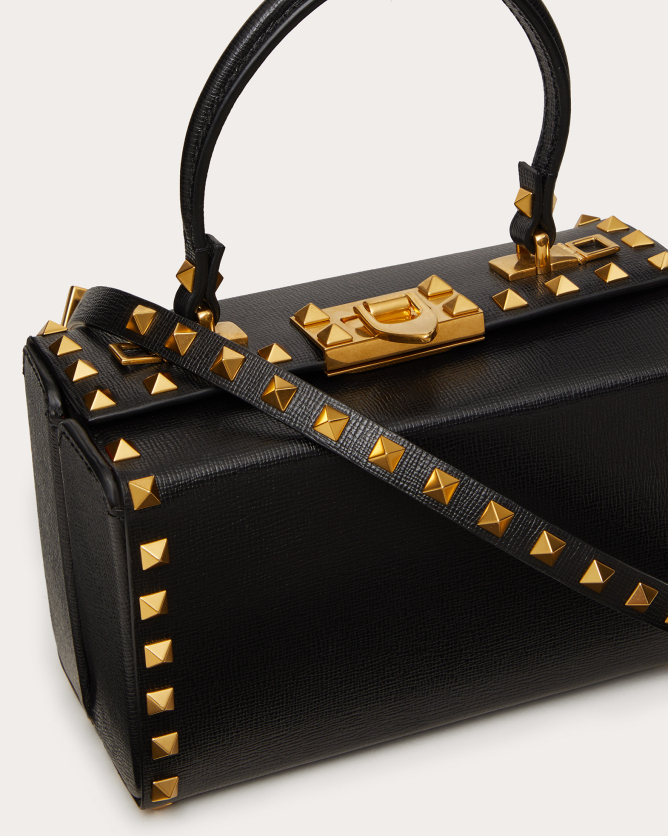 valentino华伦天奴女士黑色rockstud 粒面小牛皮箱形包|valentino