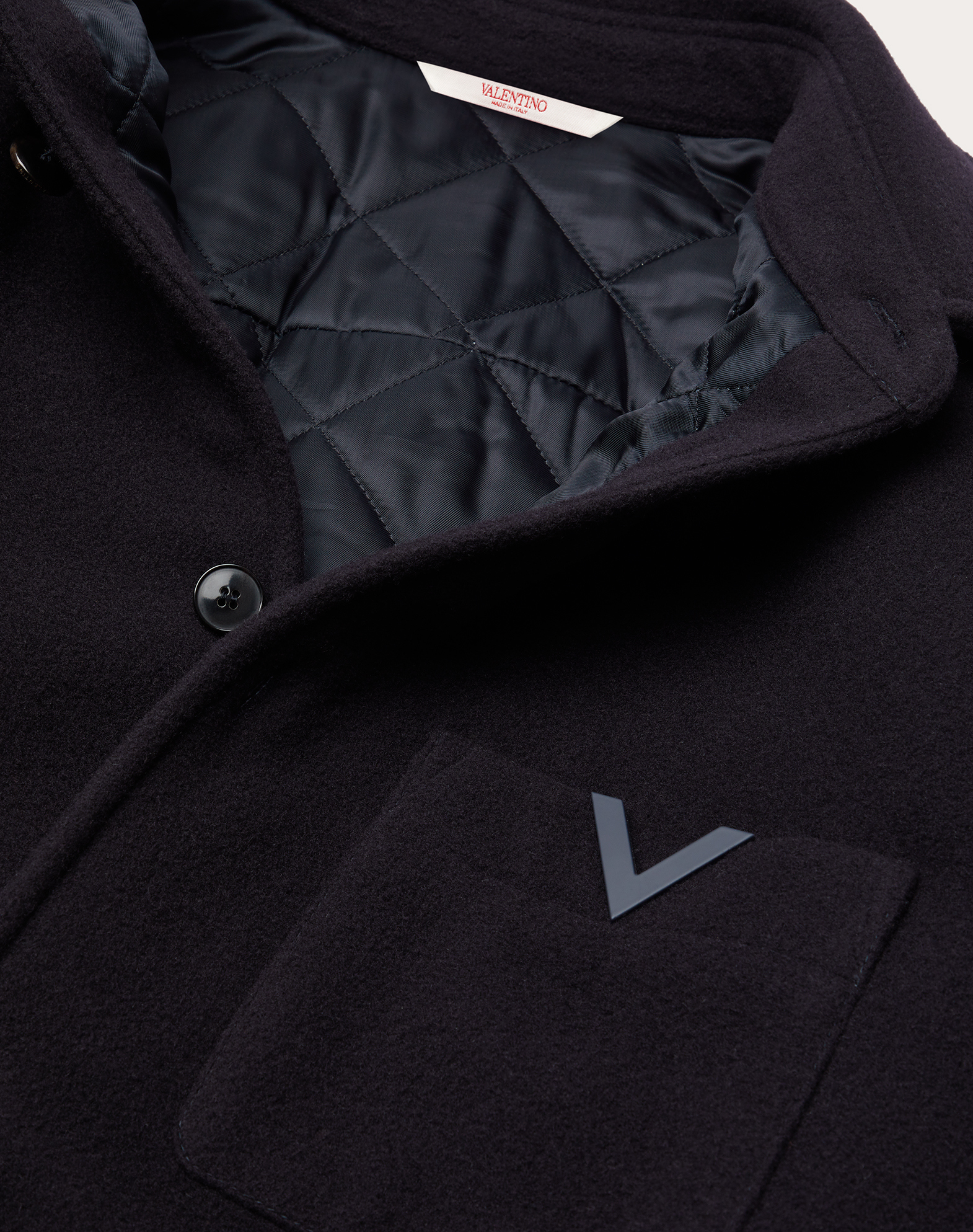 Valentino华伦天奴男士海军蓝色V DETAIL装饰羊毛衬衫式夹克|Valentino 