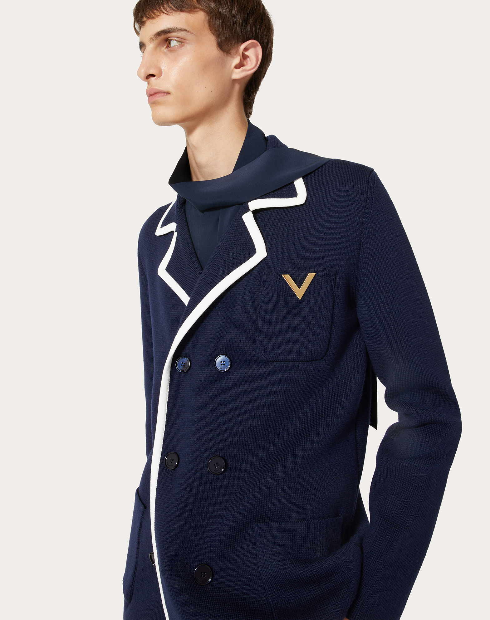 Valentino华伦天奴男士海军蓝/象牙白色金属V DETAIL双排扣羊毛夹克 