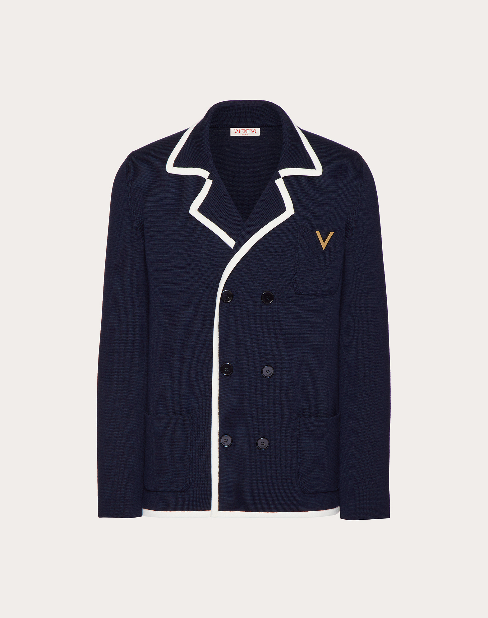 Valentino华伦天奴男士海军蓝/象牙白色金属V DETAIL双排扣羊毛夹克