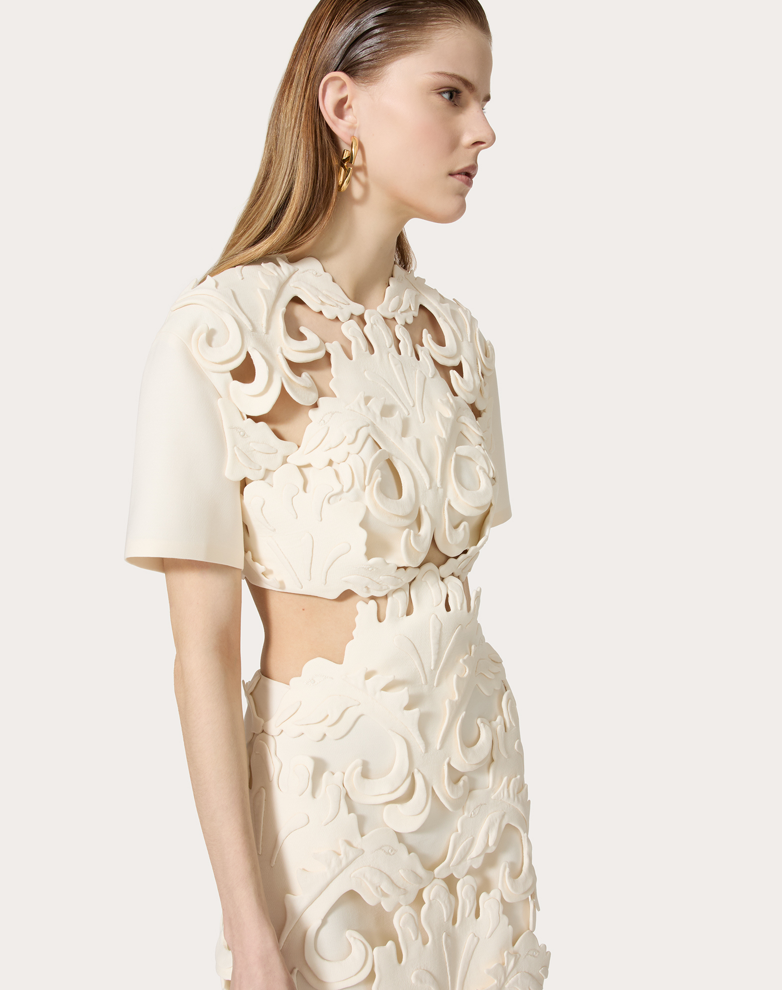 Valentino华伦天奴女士象牙白色CREPE COUTURE立体堆花工艺短款连衣裙 